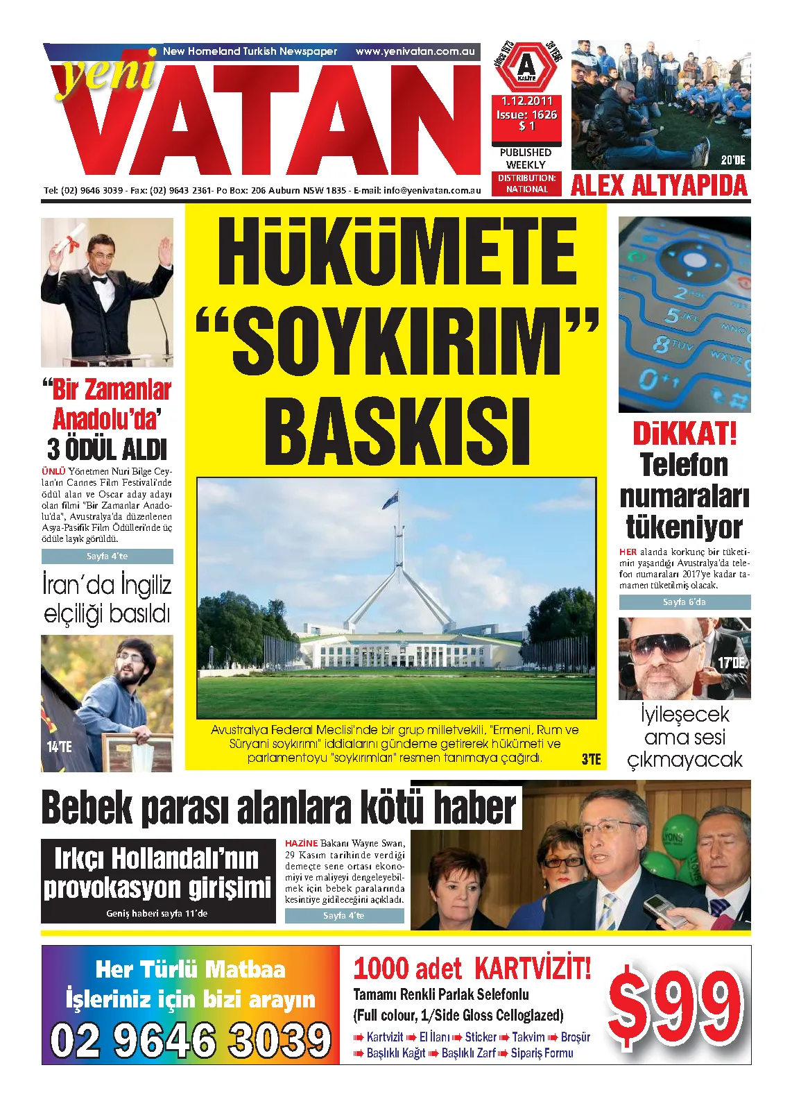Yeni Vatan – 1 Aralık 2011 – Sayı 1626